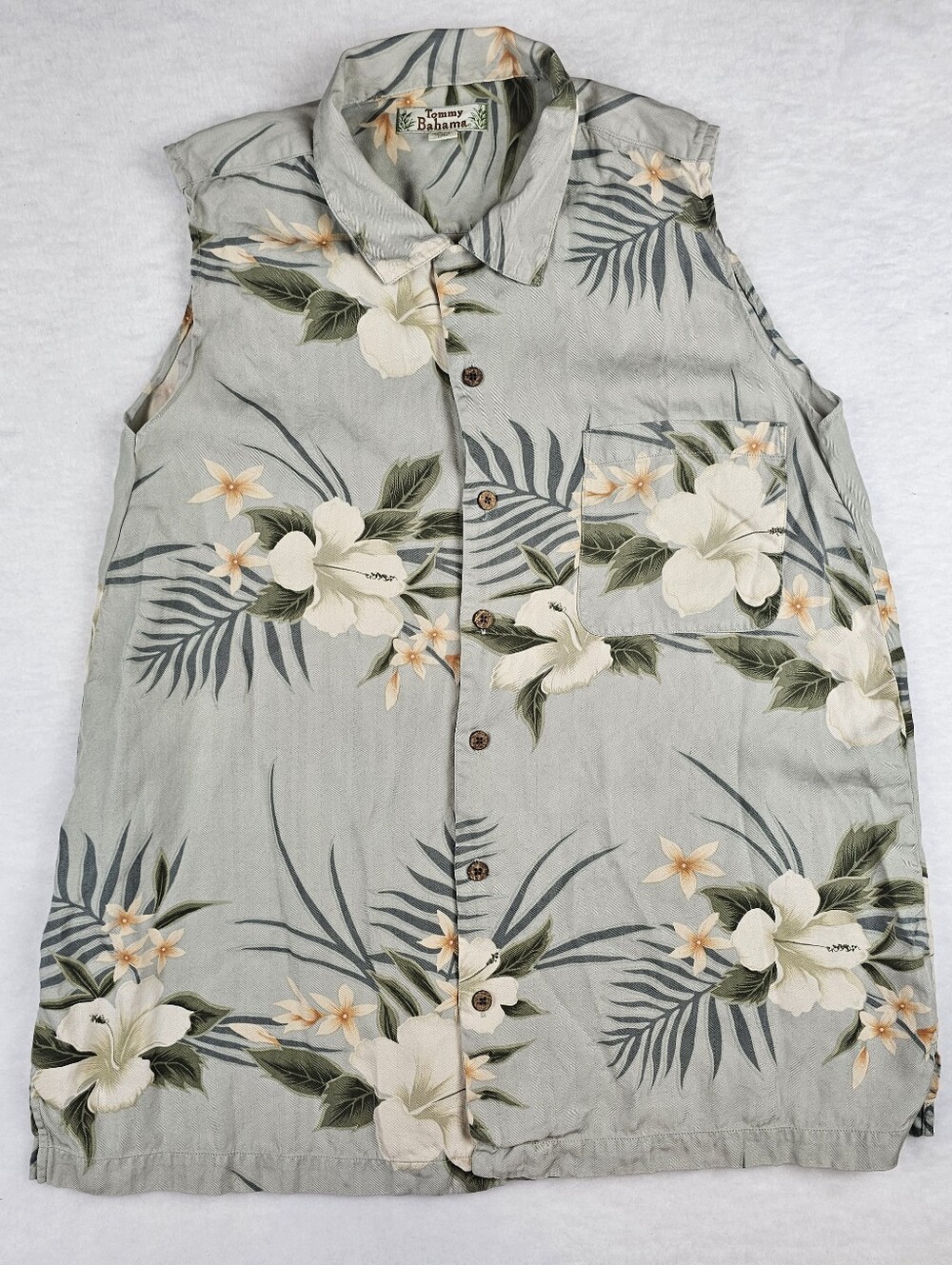 Tommy Bahama Pure Silk Sleeveless Collared Blouse Top Ladies XL Floral Green